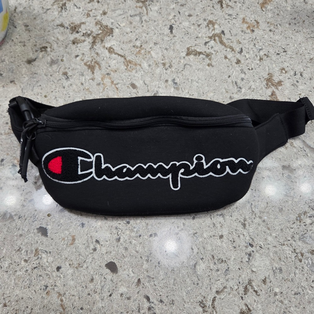 Champion Black Chenille Script Logo Fanny Pack Waist Bag Adjustable Strap